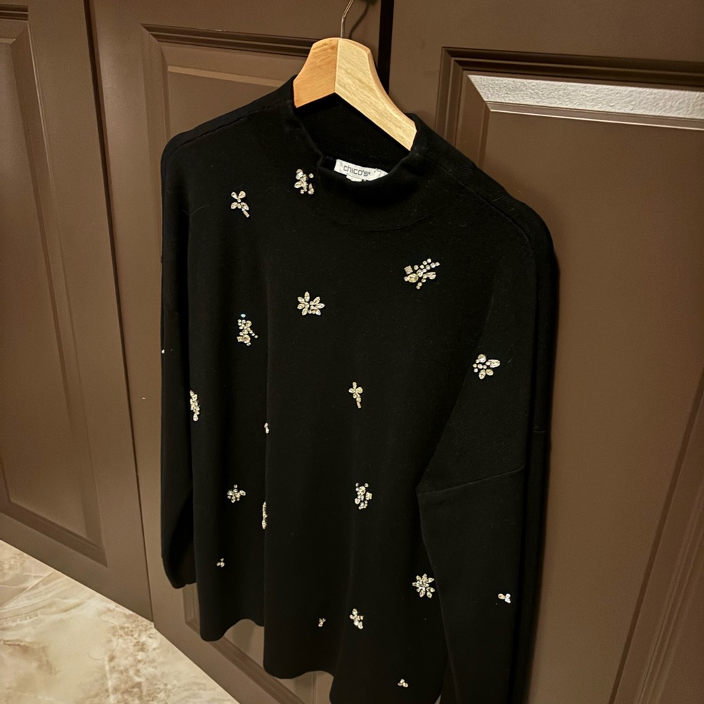 Chico's Black Sweater with White Embellishments